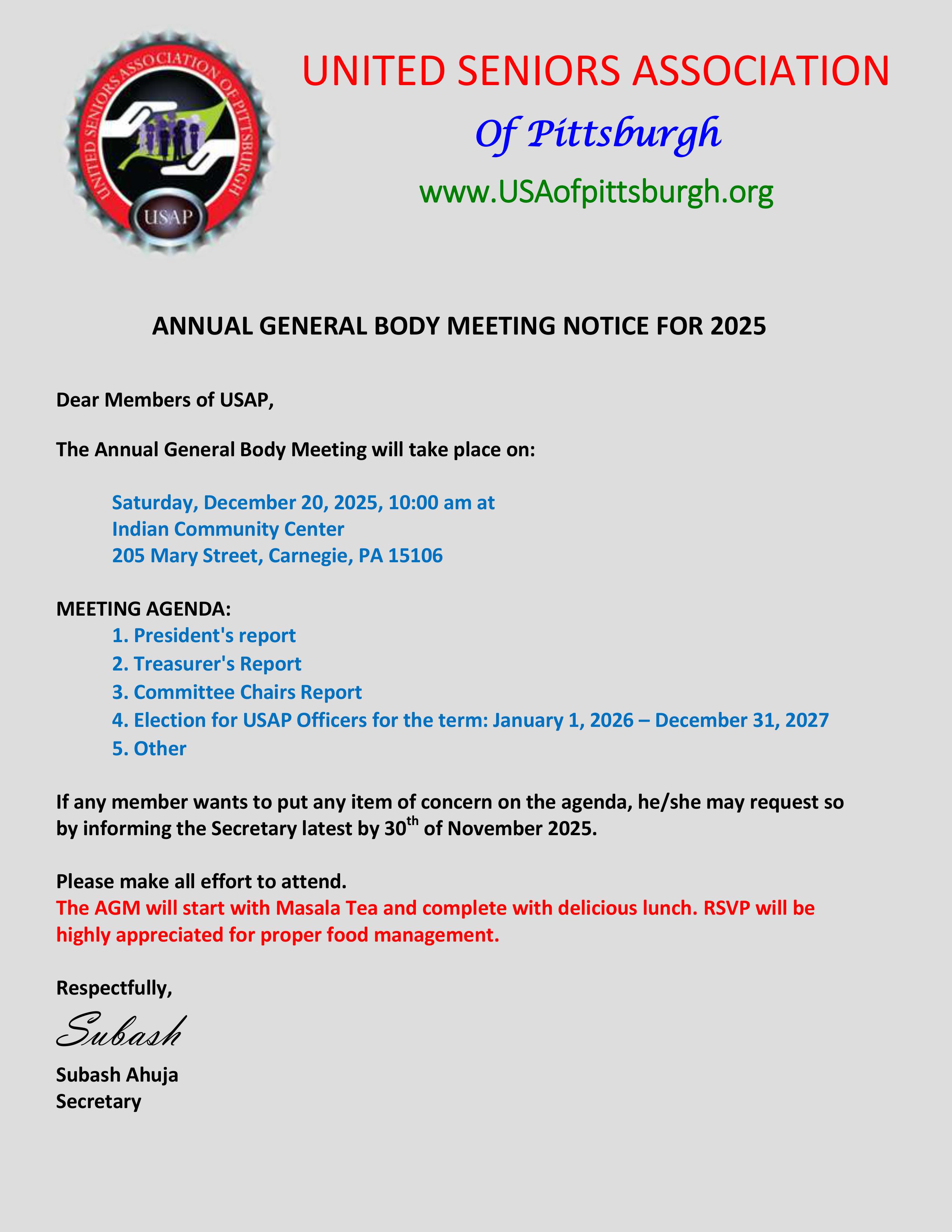 USAP Annual General Body Meeting 2025 on Dec 20